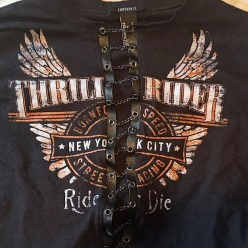 Y2K Lace Up Small Graphic Cropped Tee Thrill Rider Wings Grunge Biker Moto Goth